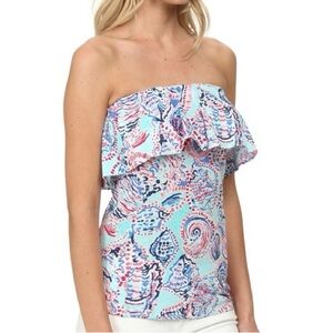 Lilly Pulitzer 100% Cotton Wiley Ruffle Vibrant Shell Print Tube Top